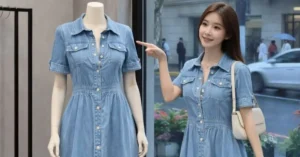 Elegant woman wearing a stunning light blue dress with modern fashion styling and soft glamorous look