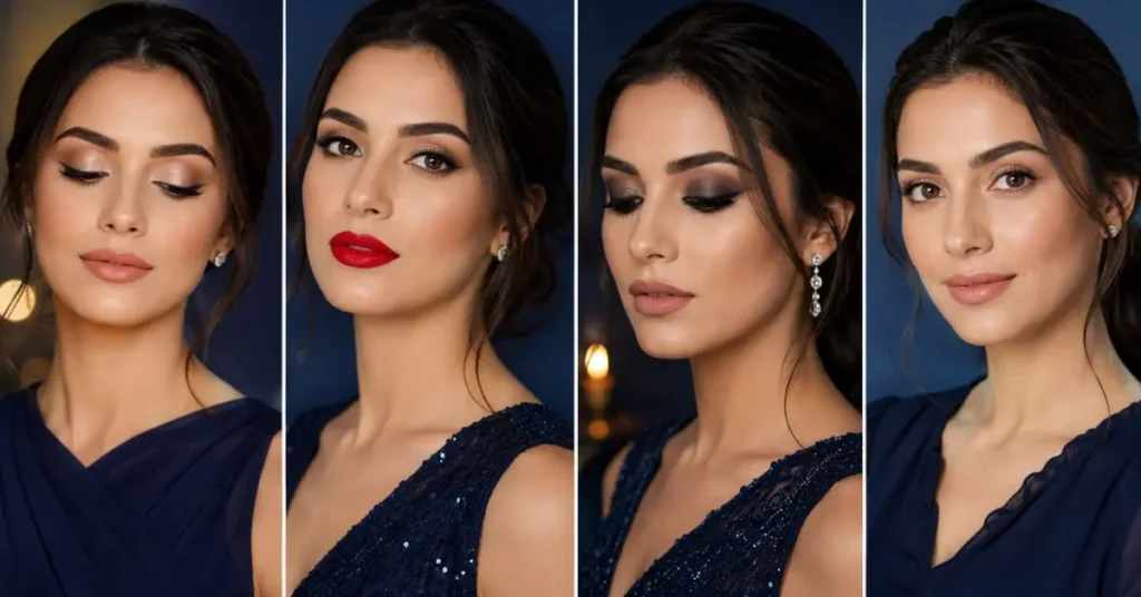 Makeup ideas that complement navy blue, featuring soft glam, bold red lips, smoky eyes, and natural makeup looks