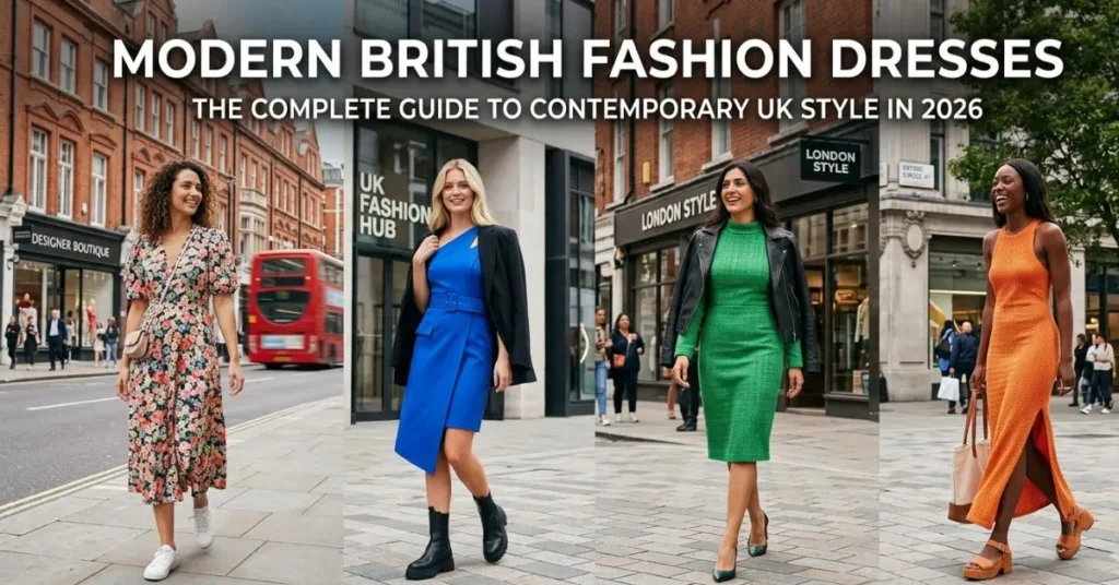 Elegant modern British fashion dresses displayed by stylish female models in a contemporary London-inspired setting, featuring the latest UK fashion trends, sophisticated silhouettes, premium fabrics, and chic 2026 street-style aesthetics.