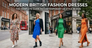 Elegant modern British fashion dresses displayed by stylish female models in a contemporary London-inspired setting, featuring the latest UK fashion trends, sophisticated silhouettes, premium fabrics, and chic 2026 street-style aesthetics.