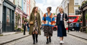 Elegant British fashion models showcasing modern England dresses in 2026, featuring contemporary tailoring, sophisticated fabrics, and chic street-style looks inspired by the latest UK fashion trends.