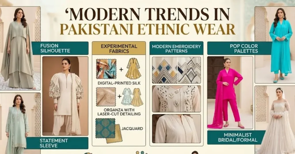 Modern Trends in Pakistani Ethnic Wear featuring stylish fusion outfits, elegant cuts, pastel shades, modern embroidery, and contemporary traditional fashion for women.