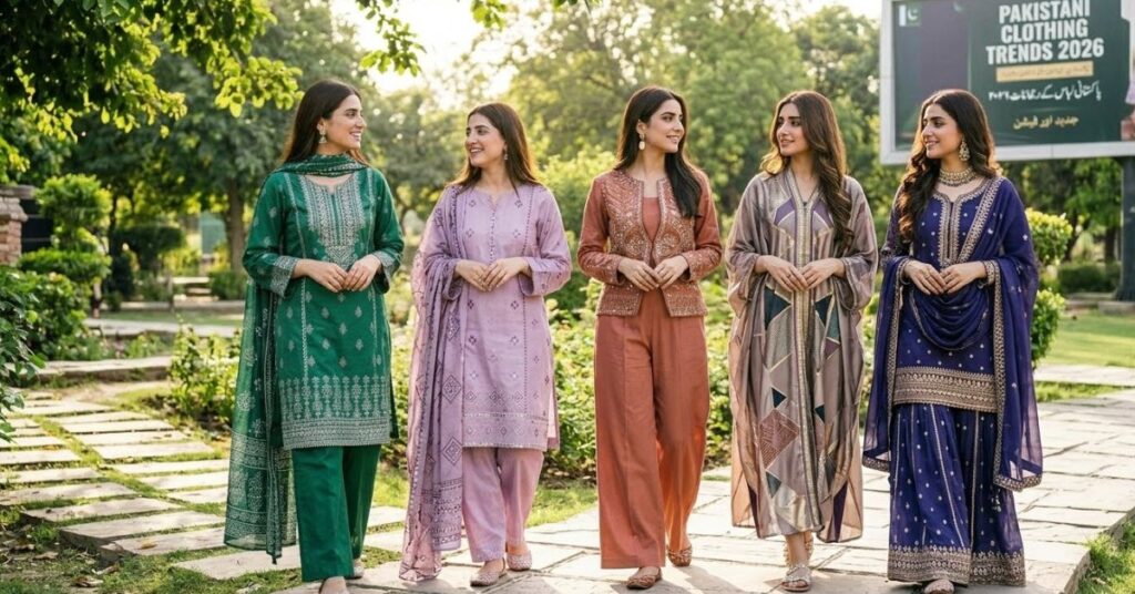Stylish Pakistani clothing trends in 2026 featuring modern traditional fashion, elegant eastern wear, trendy fabrics, and contemporary outfit designs for women. I prefer this response