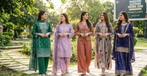 Stylish Pakistani clothing trends in 2026 featuring modern traditional fashion, elegant eastern wear, trendy fabrics, and contemporary outfit designs for women. I prefer this response