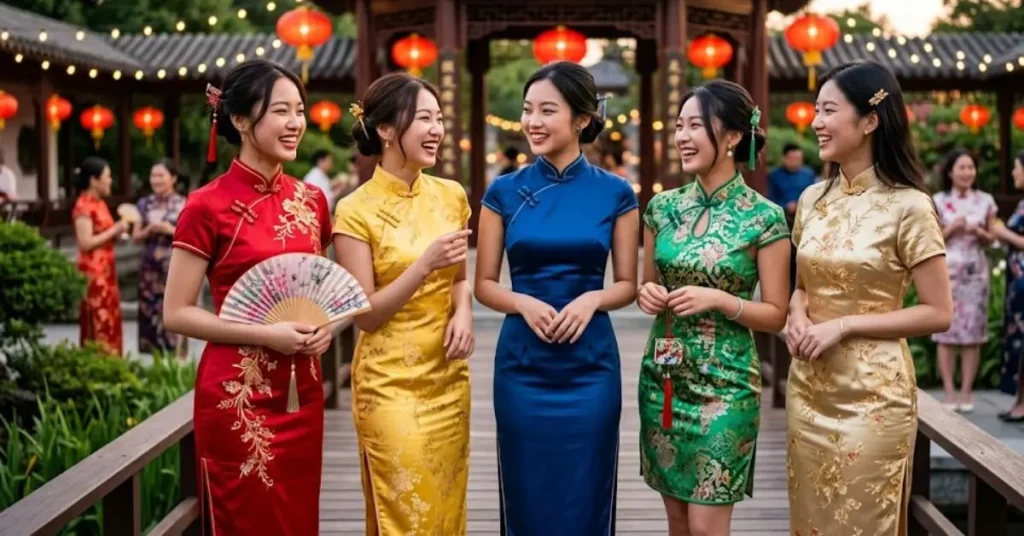 Popular colors in Chinese fashion including red, gold, black, and emerald green symbolizing elegance, prosperity, and luxury in oriental-inspired party wear