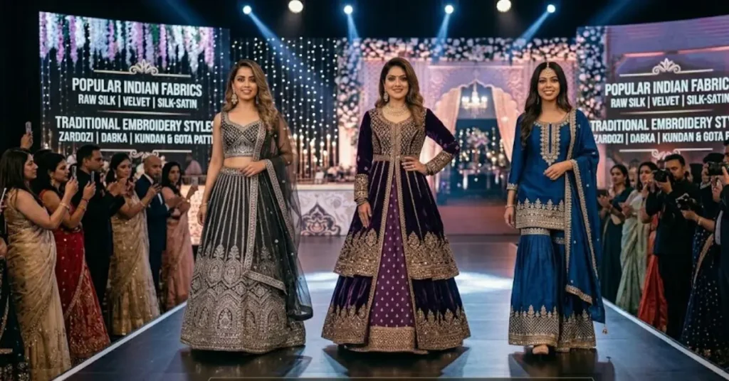Popular Fabrics and Embroidery Styles in Indian Party Wear Dresses featuring luxurious silk, chiffon, georgette, velvet fabrics, elegant zari work, mirror embroidery, sequins detailing, and stylish traditional ethnic fashion designs.