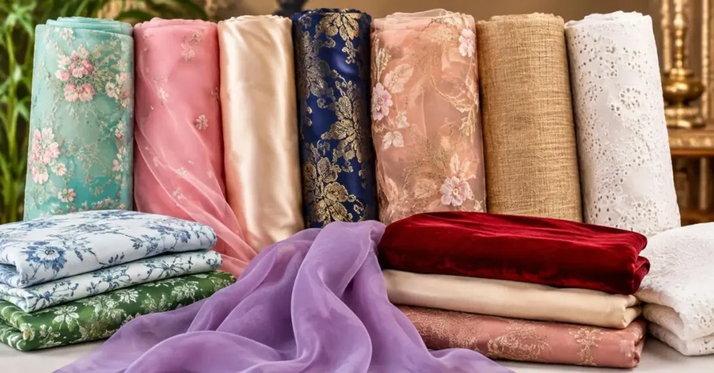 Popular fabrics in Pakistani fashion including lawn, chiffon, silk, cotton, organza, and khaddar fabrics.