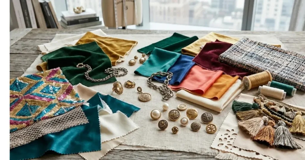 Popular Fabrics, Shades, and Styling Elements in American Party Wear Dresses with elegant textures and modern fashion details