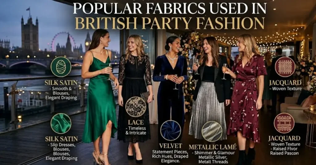 Elegant British party fashion showcasing popular fabrics such as silk, velvet, chiffon, satin, and lace used in stylish evening and celebration dresses.