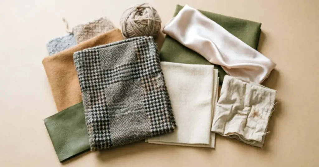 Collection of premium fabrics commonly used in modern British fashion dresses, including cotton, wool, linen, tweed, velvet, and sustainable textiles, highlighting quality craftsmanship, comfort, and contemporary UK style trends.