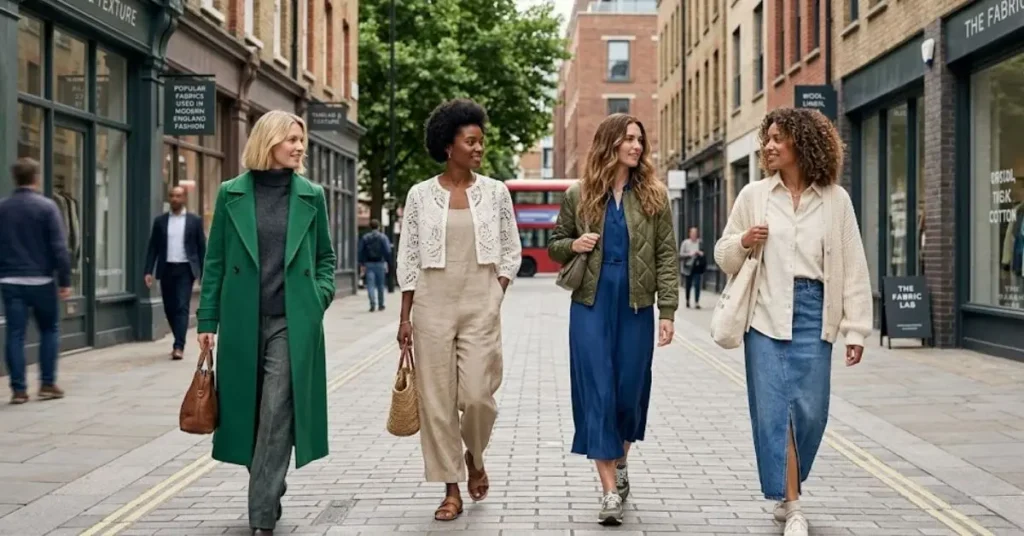A detailed visual of popular fabrics used in modern England fashion, showcasing luxurious materials such as tweed, wool, silk, satin, cotton, and linen, highlighting their textures, patterns, and use in contemporary British clothing designs.