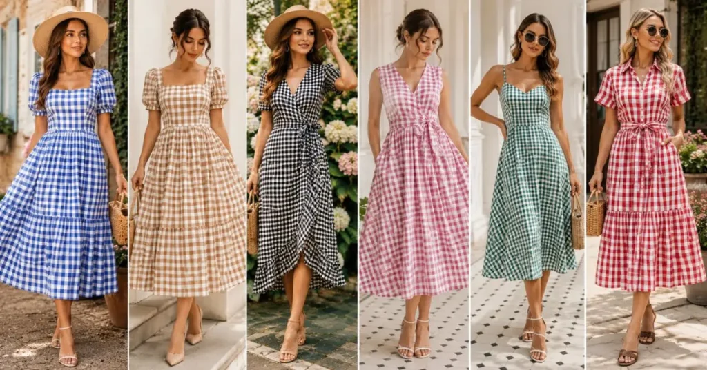 Collection of stylish women wearing trendy gingham dresses in various colors and designs, featuring timeless summer fashion looks in elegant indoor and outdoor settings.