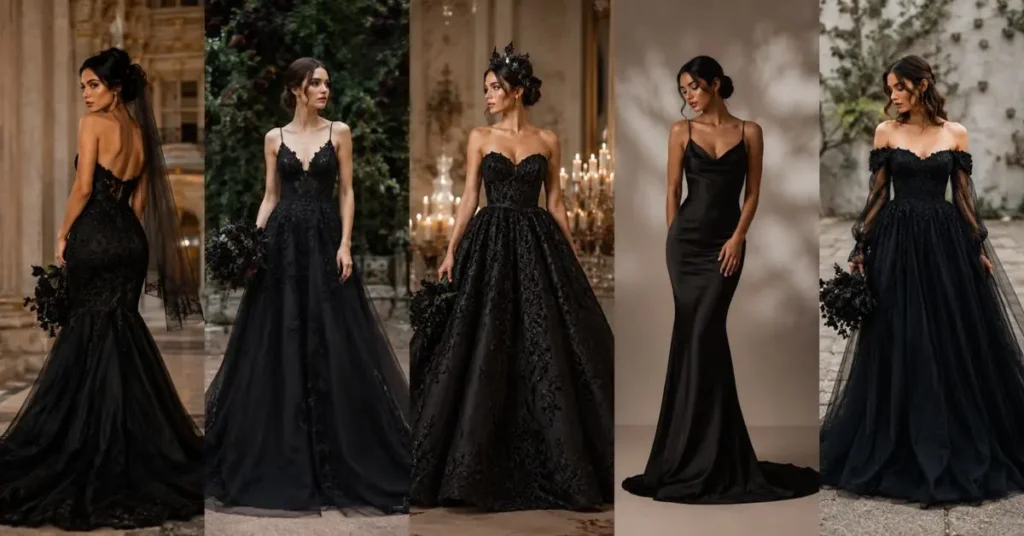 "Popular styles and silhouettes of black wedding dresses including mermaid, A-line, ball gown, sheath, and off-shoulder designs for different bridal looks."