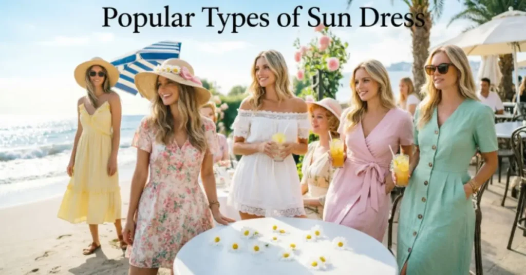 Visual comparison of trending sun outfit styles: from casual t-shirt and linen designs to elegant floral, bohemian, and wrap silhouettes