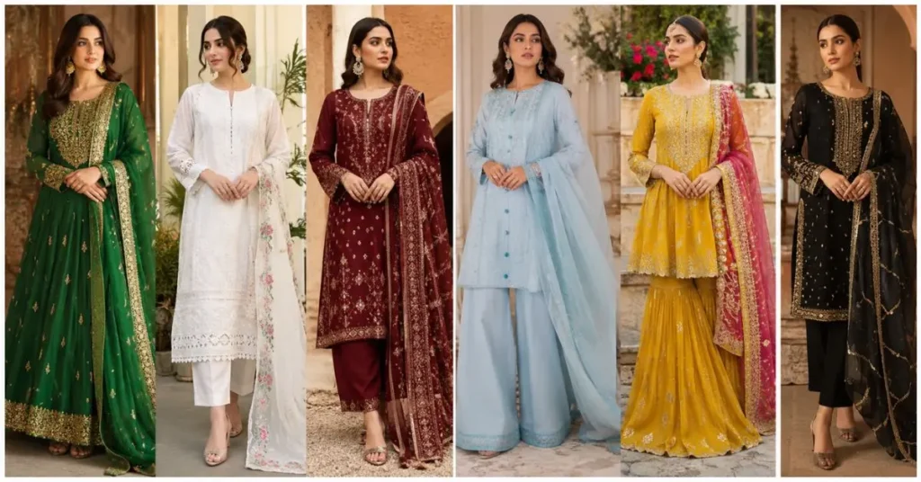 Popular Types of Traditional Pakistani Dresses featuring elegant shalwar kameez, lehenga, saree, gharara, sharara, and beautifully embroidered ethnic outfits for women.