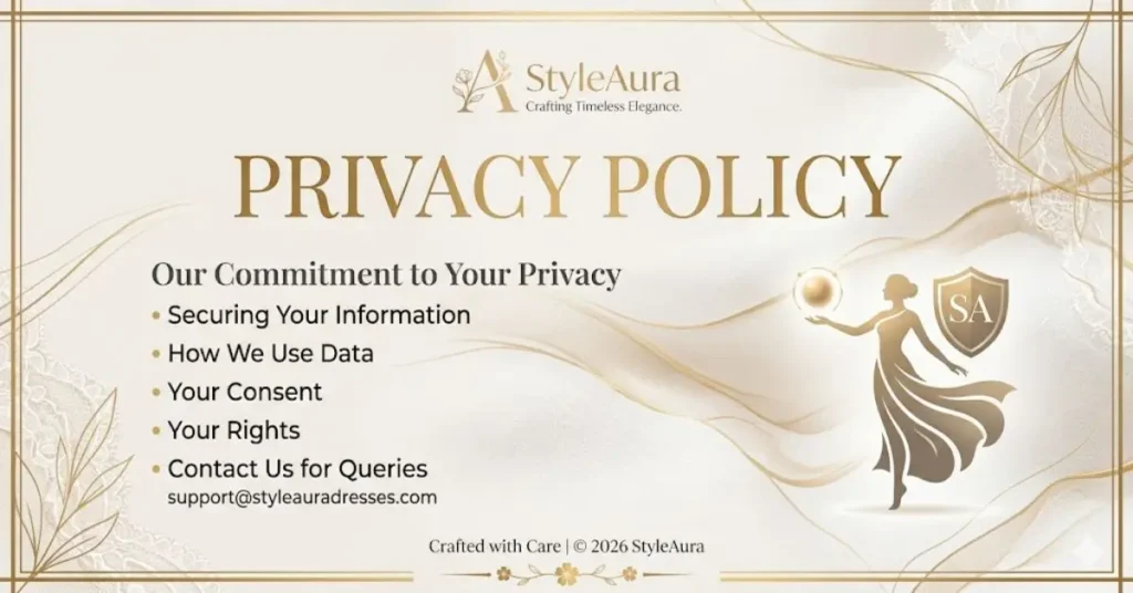 Privacy Policy page banner for Style Aura Dresses website with secure browsing, data protection, and user privacy concept in elegant fashion style design.