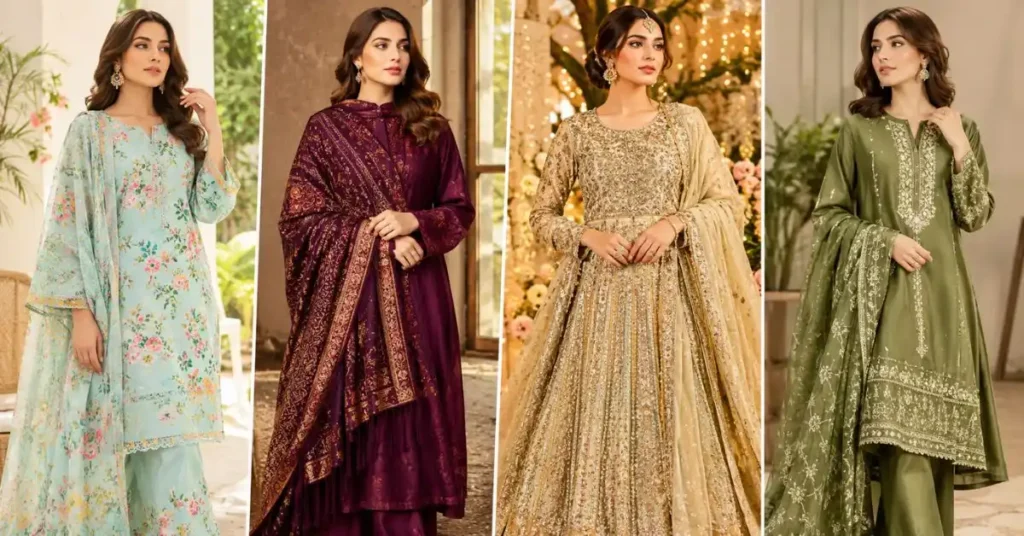 Seasonal fashion trends in Pakistan featuring summer, winter, festive, and modern-traditional women’s outfits.
