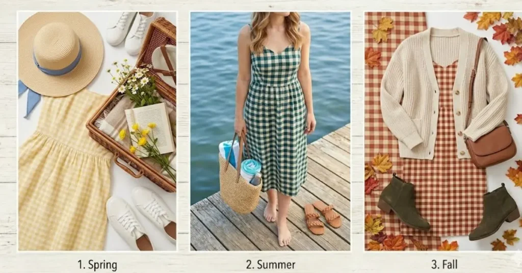 Trendy seasonal gingham outfit ideas featuring stylish dresses in spring, summer, autumn, and winter looks with elegant accessories and fashionable outdoor settings.