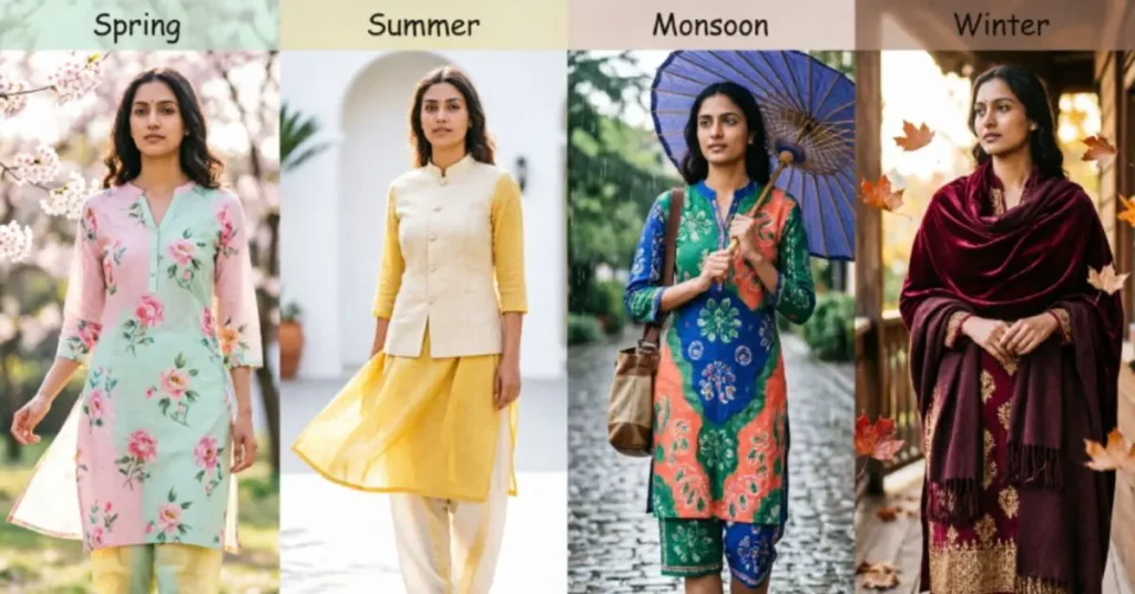 Seasonal Indian Fashion Ideas featuring trendy ethnic outfits for summer, winter, spring, and festive celebrations with elegant traditional wear, stylish embroidery, vibrant colors, and modern Indian party fashion inspiration.