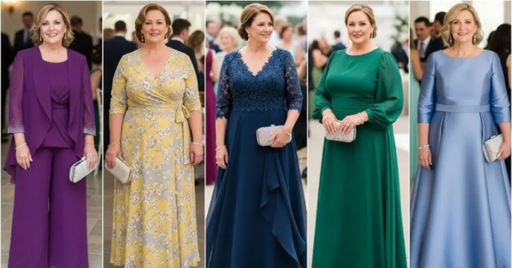 Seasonal outfit ideas for mother of the groom dresses featuring elegant styles for spring, summer, autumn, and winter weddings with appropriate fabrics and colors.
