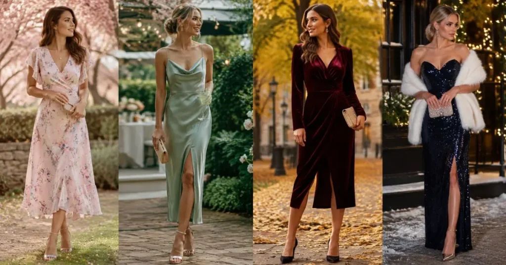 Seasonal party fashion ideas in England featuring elegant outfits inspired by spring florals, summer light dresses, autumn warm tones, and winter glamorous evening wear for stylish celebrations throughout the year.