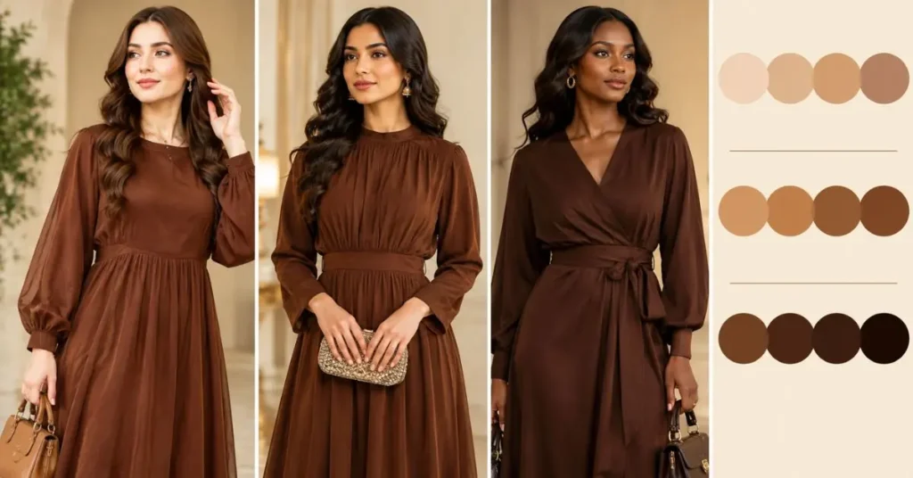 Brown dress shades for different skin tones, featuring light beige, caramel, warm brown, chestnut, chocolate, and deep espresso shades.
