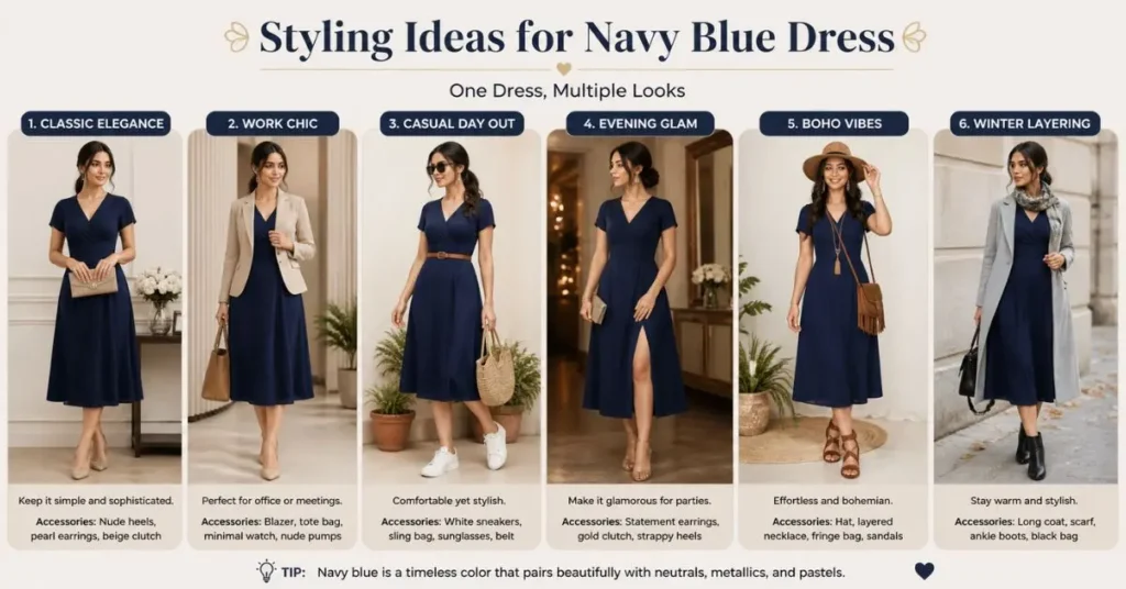 A fashion infographic showcasing styling ideas for a navy blue dress, featuring multiple outfit looks including casual, formal, workwear, evening glam, and winter layering styles with matching accessories.”