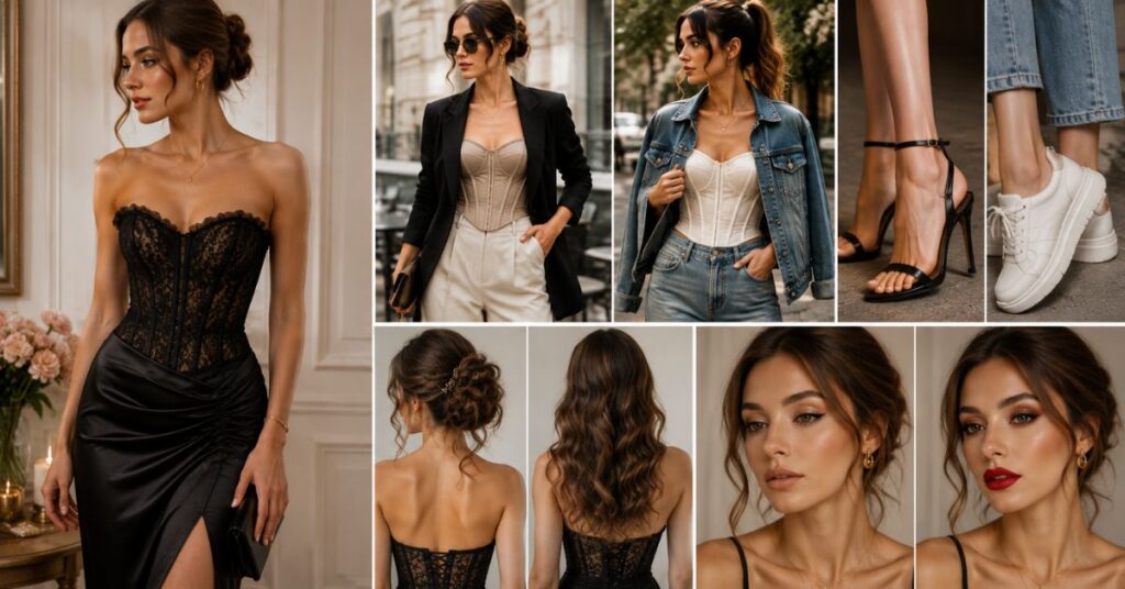 Elegant collage showcasing styling tips for a corset outfit, featuring balanced accessories, layered looks with blazers and denim jackets, heels and sneakers, romantic updos and loose waves, plus natural and bold makeup for versatile day-to-night fashion.