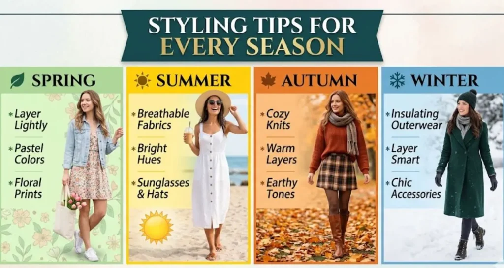 Styling Tips for Every Season: fashion guide illustration showcasing outfit ideas for summer, winter, spring, and autumn, with styling inspiration.