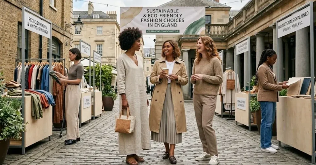A visual showcasing sustainable and eco-friendly fashion choices in England, featuring ethically made clothing, organic fabrics, recycled materials, and minimalist modern outfits that reflect environmentally conscious British fashion trends.