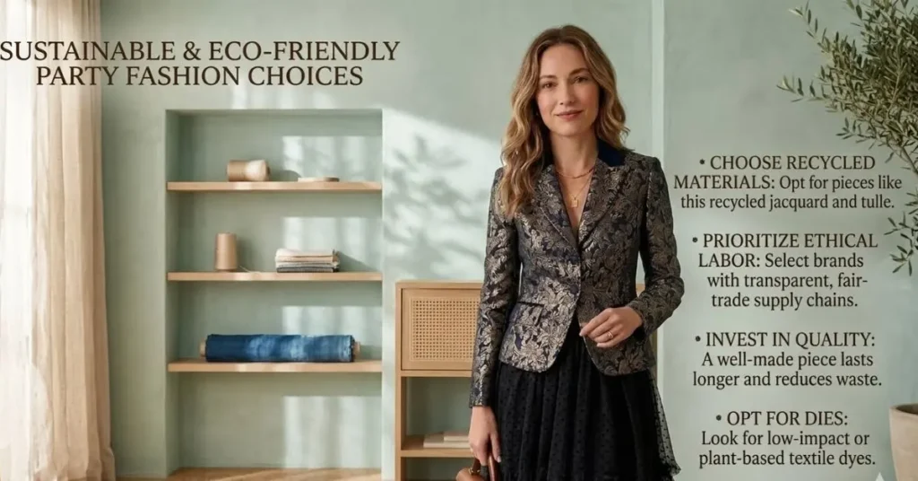 Sustainable and eco-friendly party fashion choices featuring outfits made from organic fabrics, recycled materials, and ethically produced elegant dresses for celebrations.
