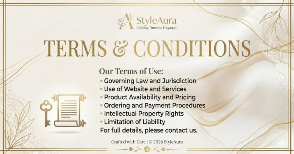 Terms and Conditions page banner for Style Aura Dresses featuring legal website policies, user agreement, and secure fashion website concept in elegant modern design.