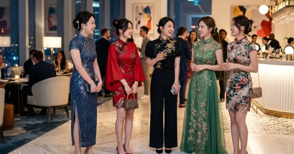 Top Chinese party wear styles for women in 2026 featuring modern qipao gowns, embroidered evening outfits, and elegant oriental-inspired fashion trends