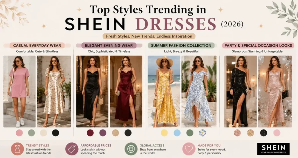 Top Styles Trending in Shein Dresses 2026 featuring casual wear, elegant evening fashion, summer outfits, and party style inspiration for women