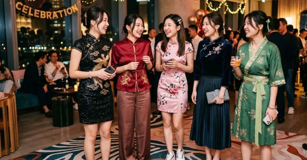Traditional Chinese fashion elements in modern party wear featuring embroidered silk gowns, mandarin collars, and elegant oriental-inspired evening styles
