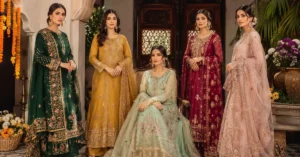 Traditional Pakistani Dresses featuring elegant shalwar kameez, embroidered fabrics, cultural designs, and timeless Pakistani fashion styles for women.