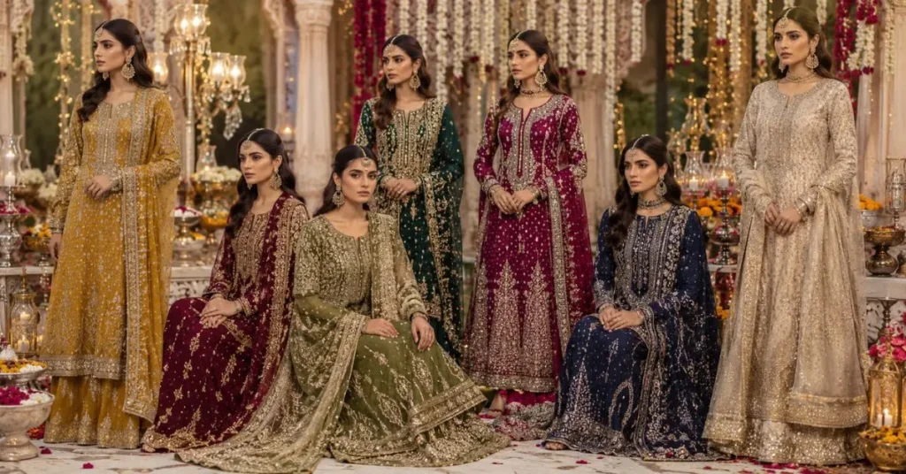 Traditional Pakistani Dresses for Weddings and Festivals featuring luxurious bridal lehengas, shararas, ghararas, and beautifully embroidered ethnic outfits for festive celebrations.