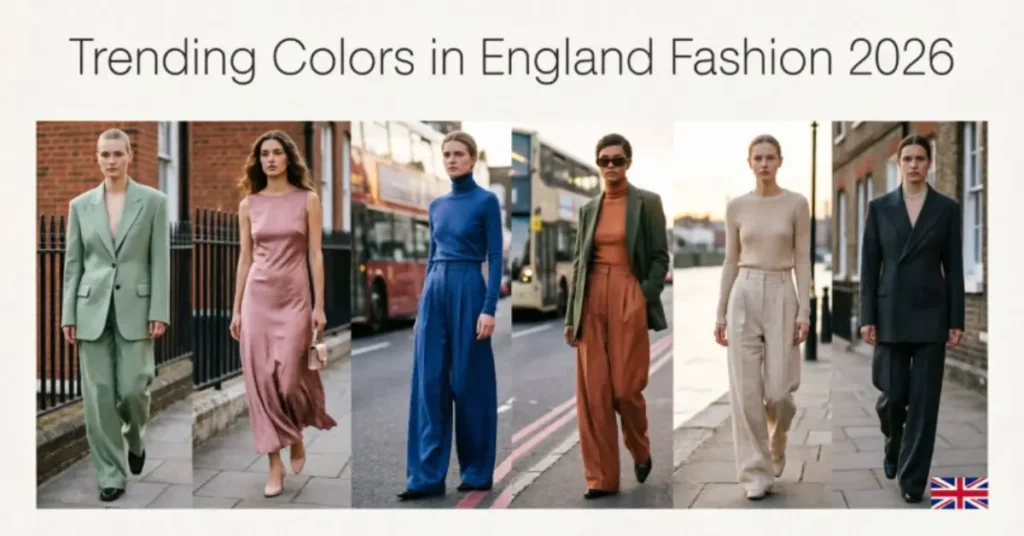 A visual display of trending colors in England fashion 2026, featuring a stylish palette of soft neutrals, pastel tones, deep jewel shades, and modern earthy hues used in contemporary British clothing and runway-inspired outfits.