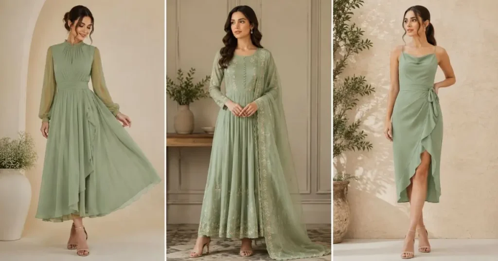 Three fashion models showcasing trending sage green dress styles, including flowing maxi dresses, embroidered traditional wear, and modern wrap designs in a stylish studio setting.