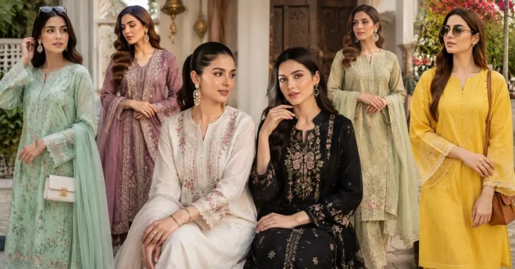 Pakistani clothing trends featuring women in traditional embroidered outfits, shalwar kameez, elegant dupattas, and modern ethnic fashion styles.