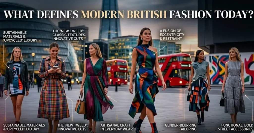 Fashionable women wearing modern British dresses that blend classic UK elegance with contemporary trends, showcasing tailored designs, stylish patterns, premium fabrics, and sophisticated street-style influences in a modern urban setting.