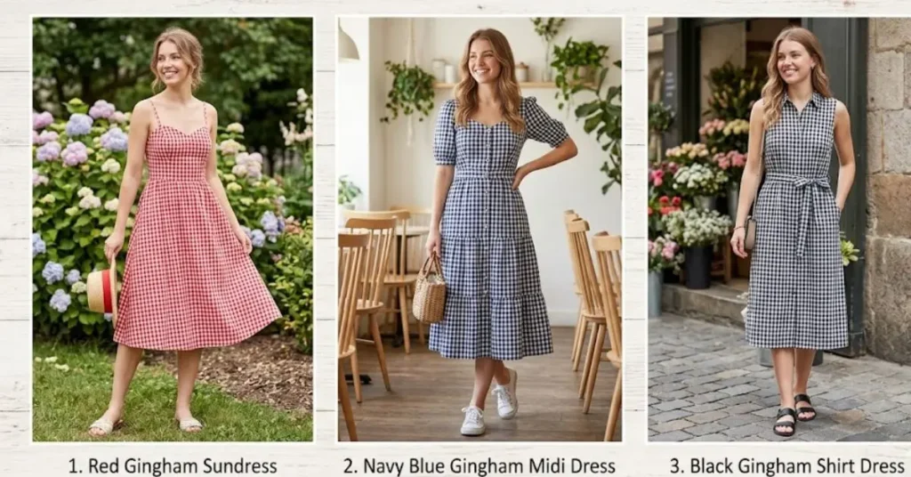 Stylish woman wearing a classic gingham dress with a timeless checkered pattern, posing in a bright outdoor setting that highlights elegant and chic fashion style.