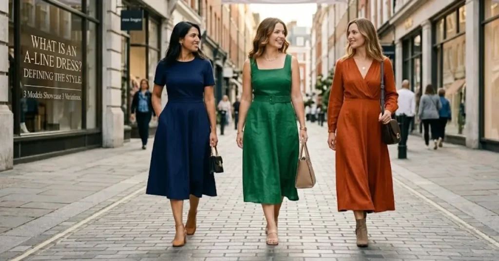 Elegant woman wearing a stylish A-line dress showcasing a flattering silhouette and timeless fashion design in a modern setting