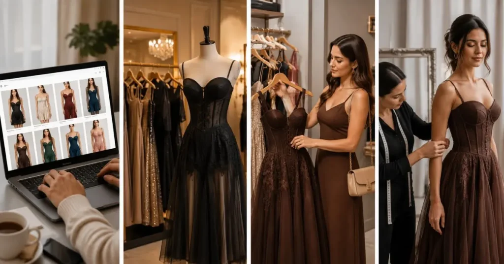 Collage showing different ways to buy corset dresses including online shopping, boutique selection, in-store browsing, and custom tailoring for a perfect fit.