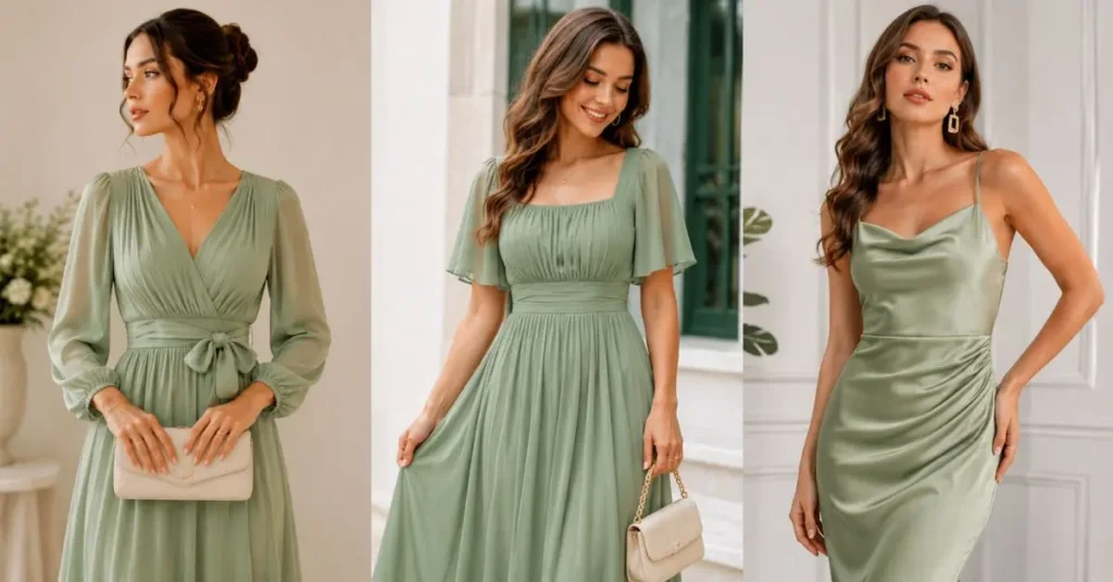 Three elegant women wearing stylish sage green dresses showcasing timeless fashion, modern elegance, and versatile feminine style