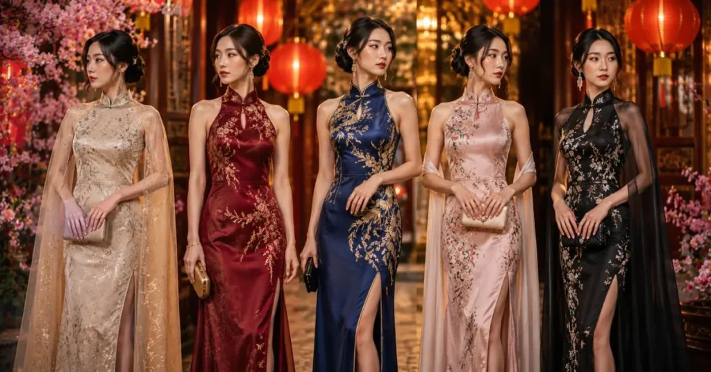 Luxury Chinese party wear fashion featuring elegant embroidered gowns and modern oriental styles trending worldwide for weddings and special occasions in 2026
