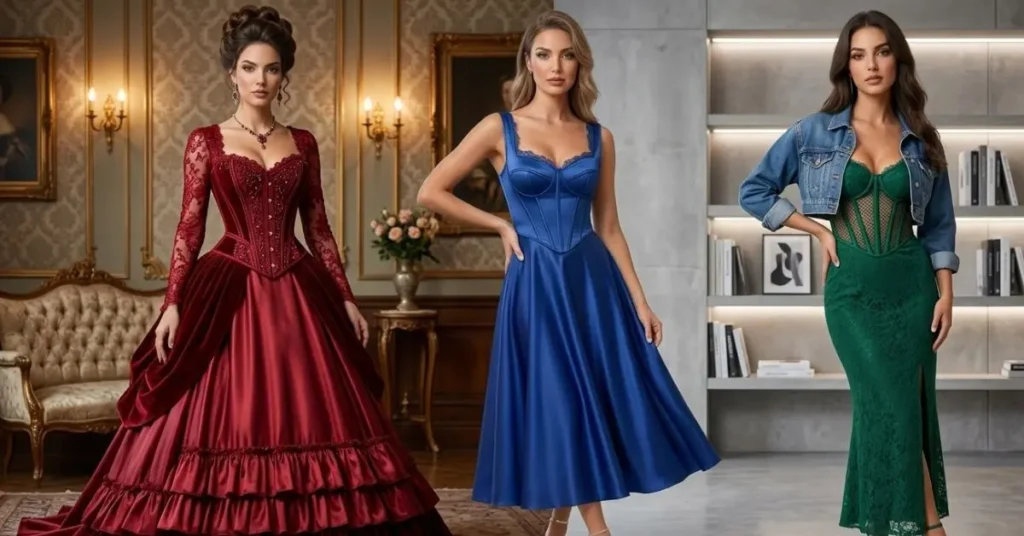 Women wearing modern corset dresses with fitted waist and stylish designs
