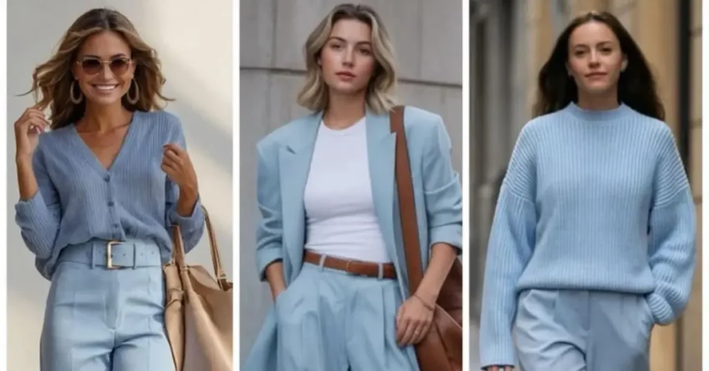 Stylish model wearing a light blue dress, showcasing why light blue is a timeless fashion choice for elegant and modern outfits