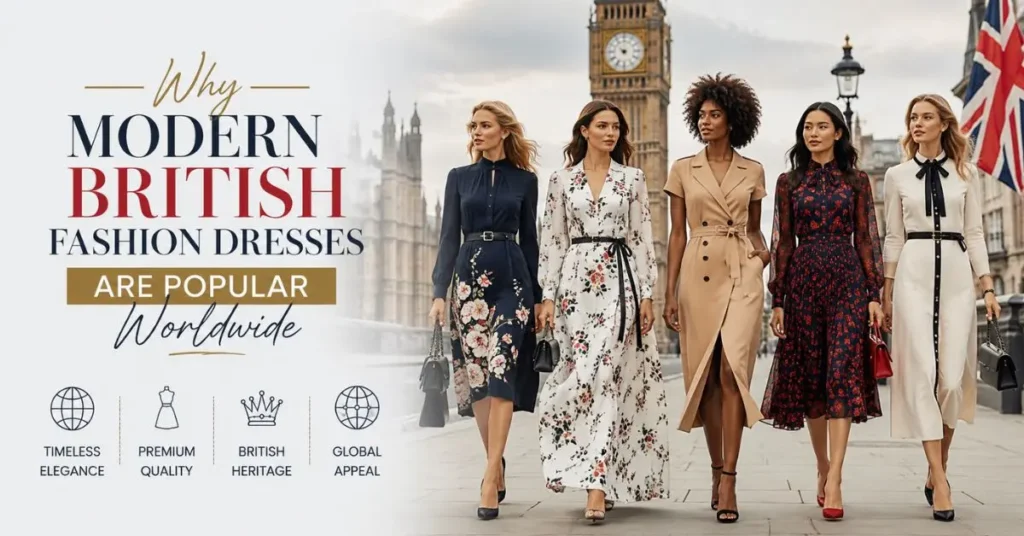 Stylish women wearing elegant modern British fashion dresses in a London city setting, showcasing timeless UK style, premium craftsmanship, sophisticated designs, and the global appeal of contemporary British fashion trends.