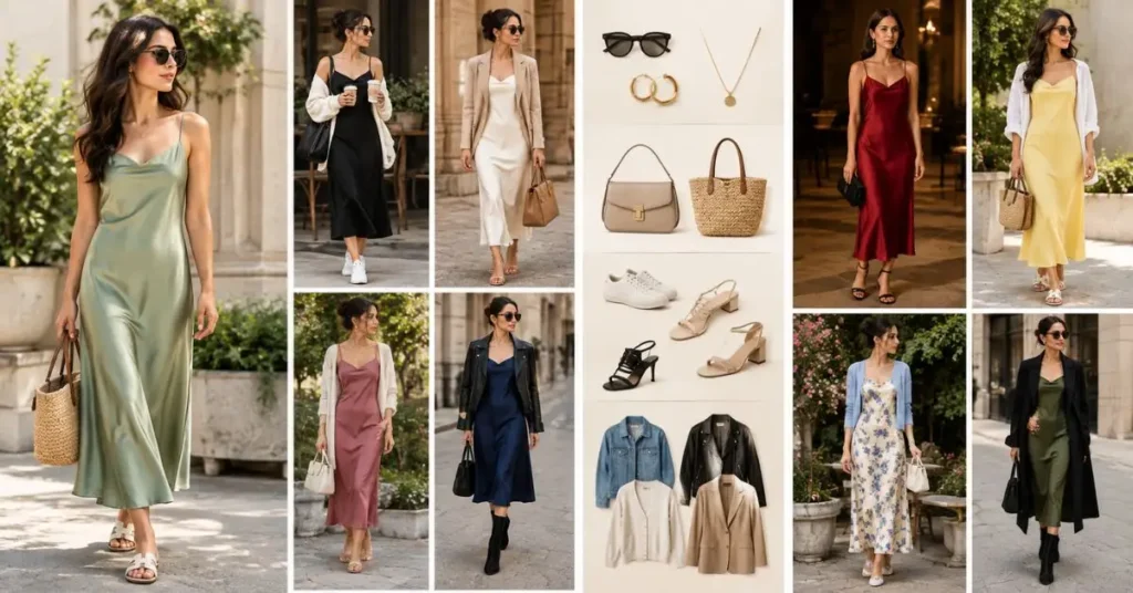 Elegant satin slip dresses styled in multiple ways, featuring layered outfits with cardigans, blazers, and jackets, paired with sneakers, sandals, and heels for both casual and formal looks.